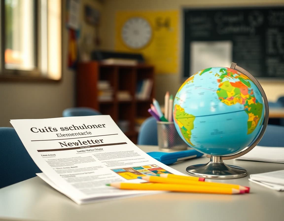 Beginning of year elementary civics newsletter beside a small globe and school supplies on a desk