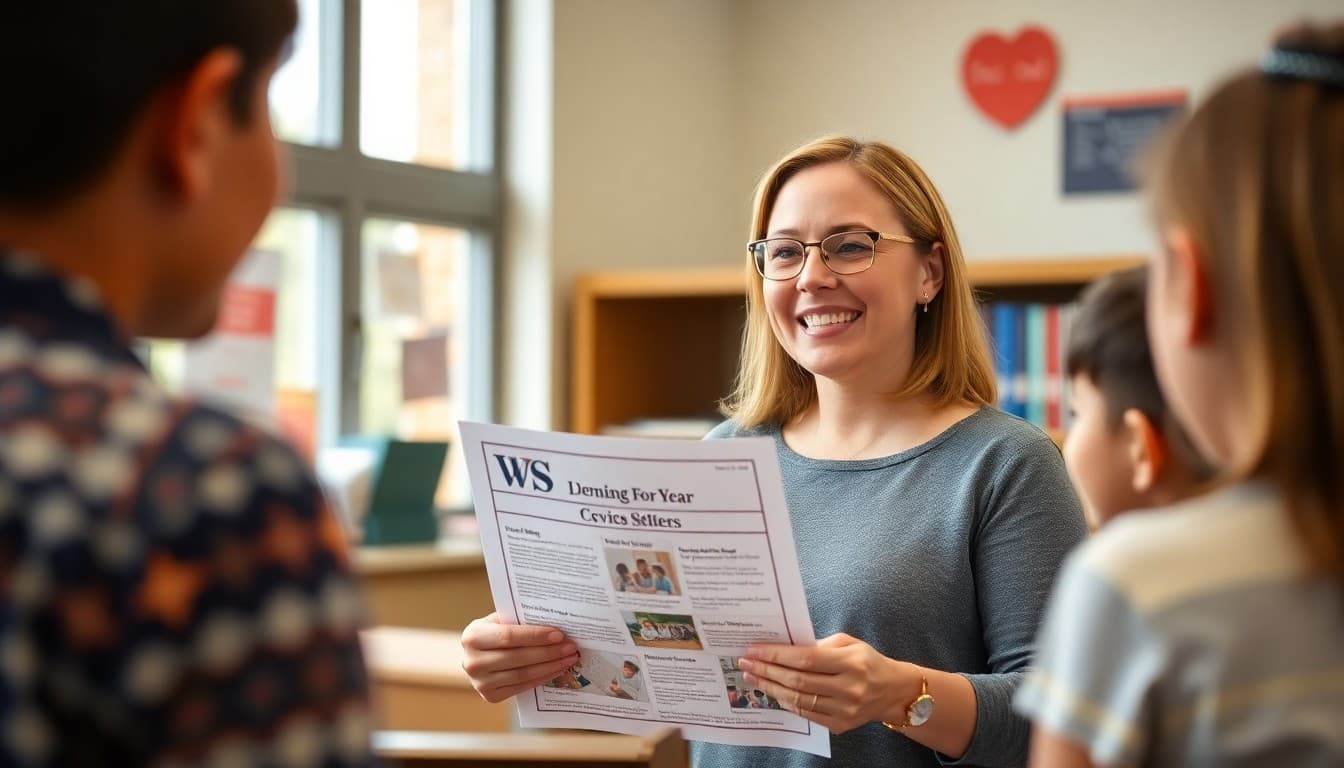 Elementary teacher smiling and presenting a beginning of year civics newsletter to parents