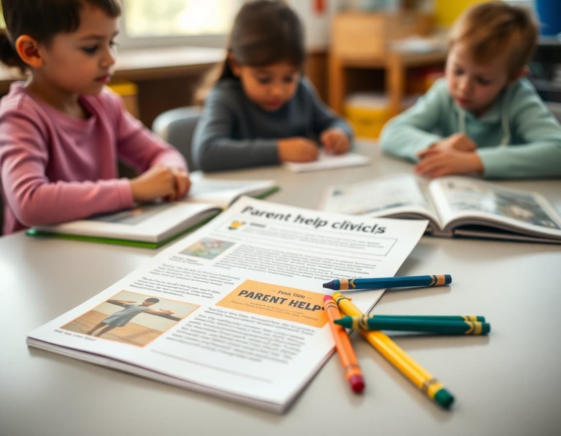 Elementary civics parent help newsletter printed on a table beside a storybook and crayons
