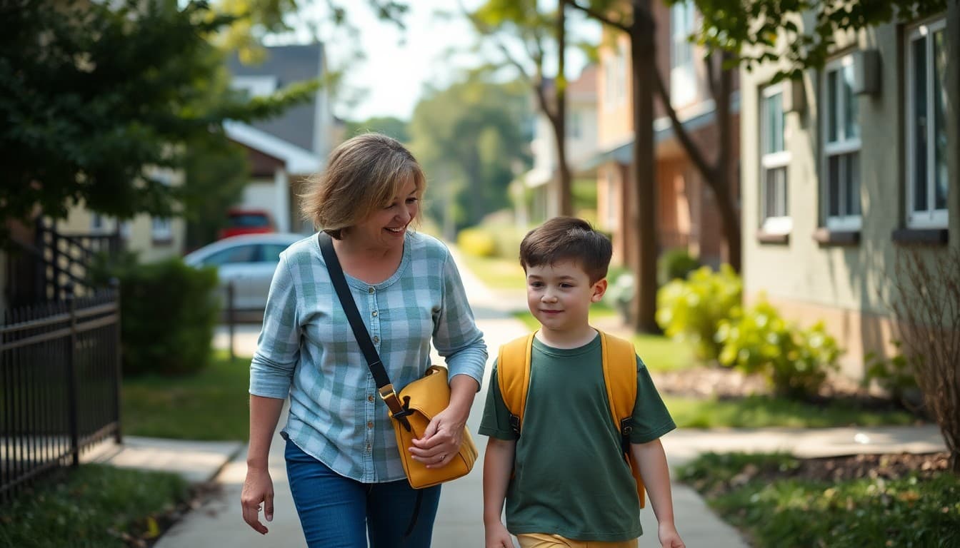 Parent and young elementary student walking through a neighborhood discussing community helpers