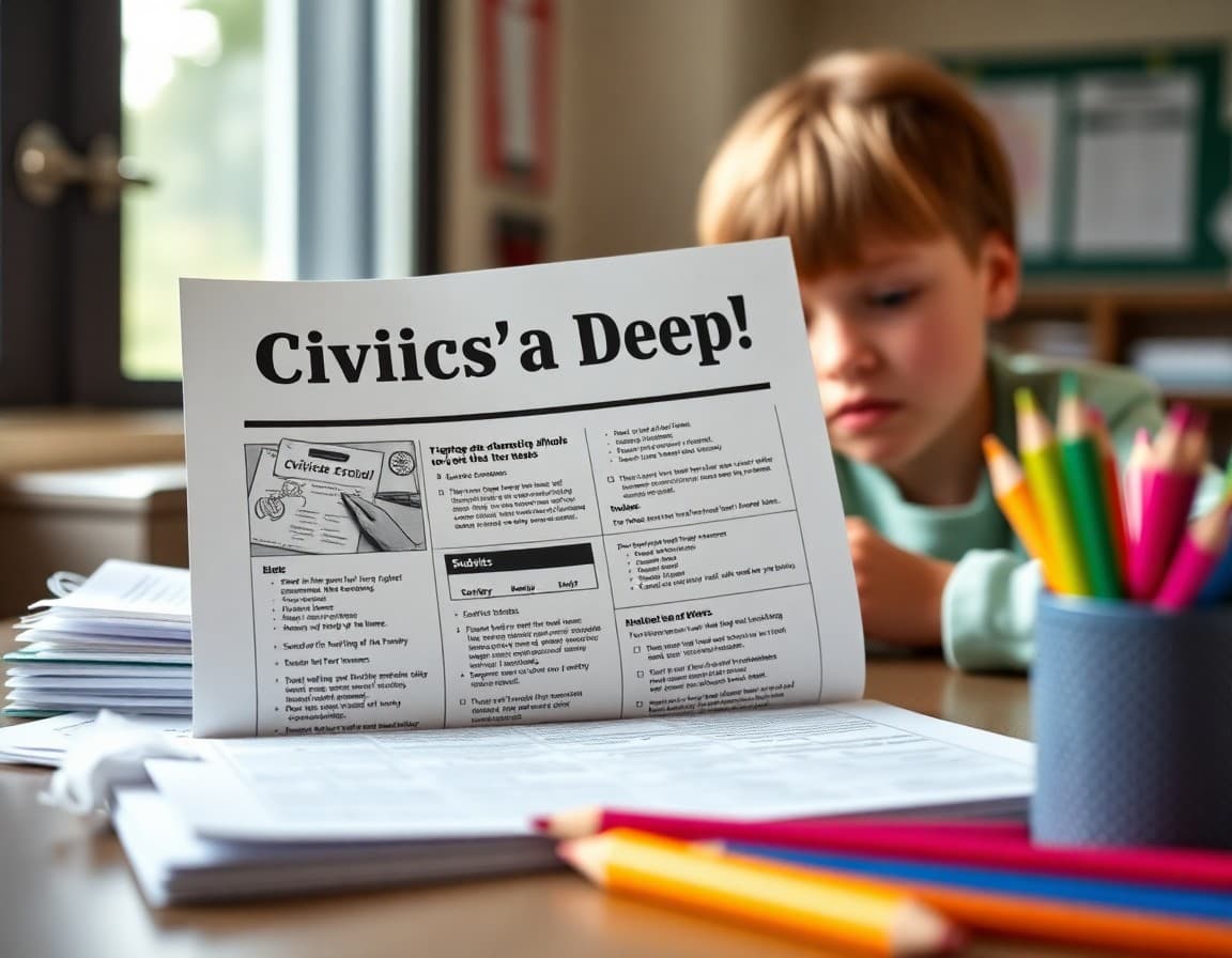 Civics test prep newsletter for elementary school beside study materials and colored pencils