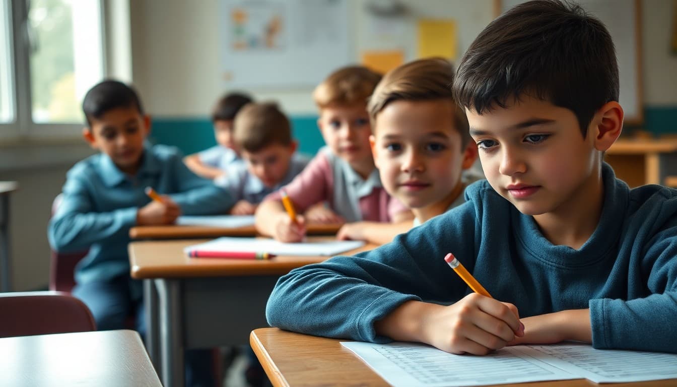Elementary students sitting at desks with civics test prep materials and pencils ready