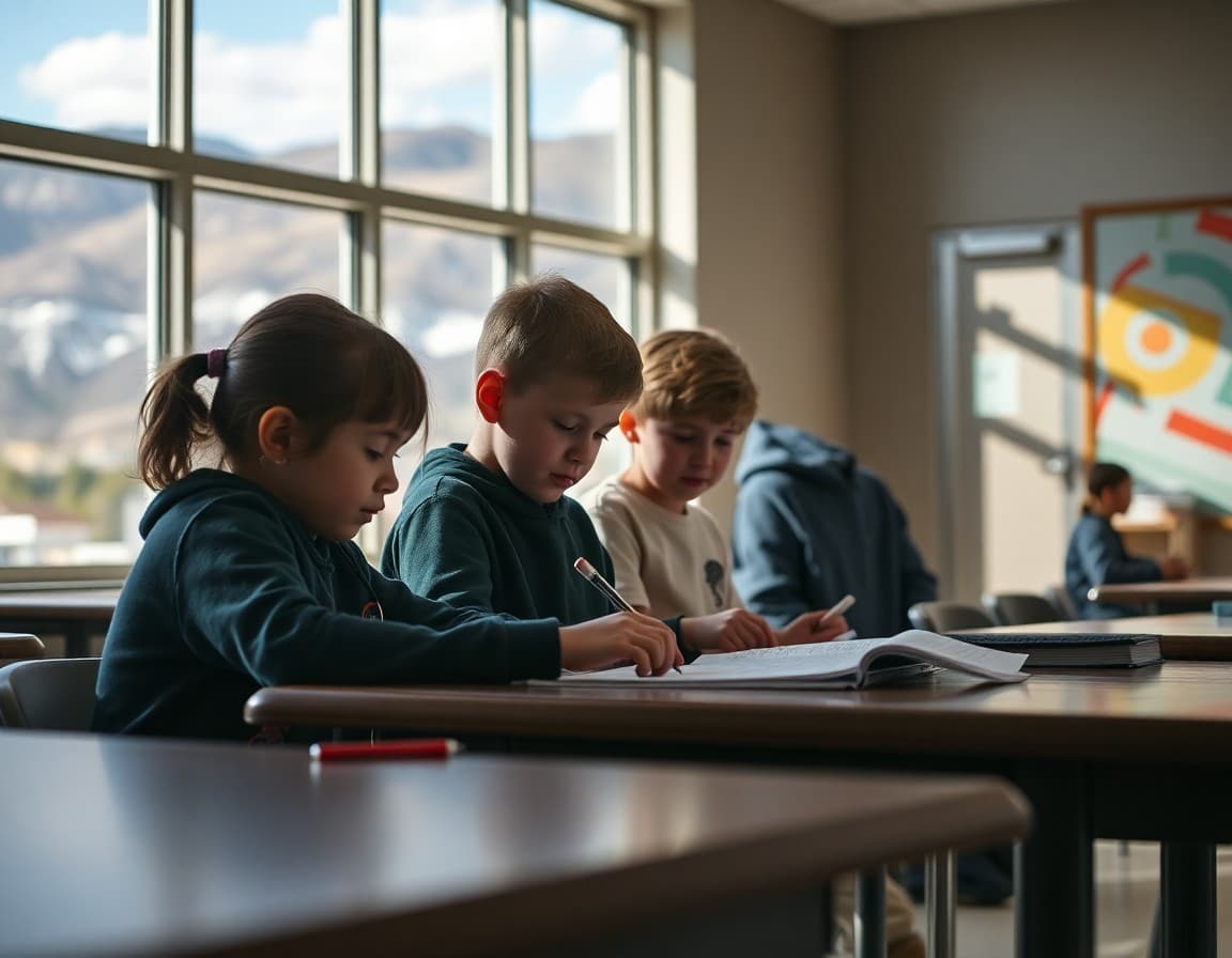 Elementary students working on a project in a Colorado school with mountain views outside