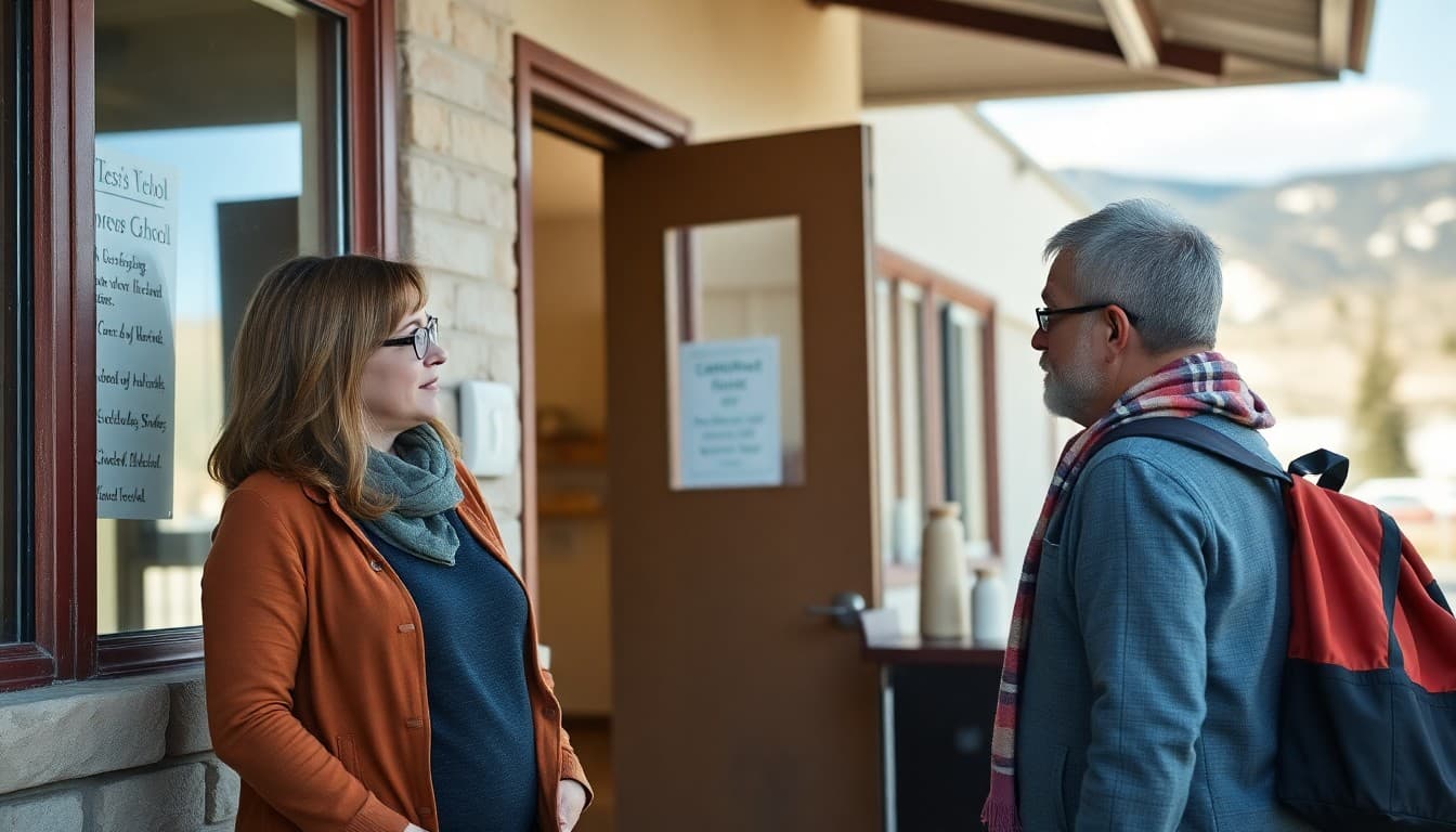 Colorado elementary school teacher and parent talking outside a school in the mountains