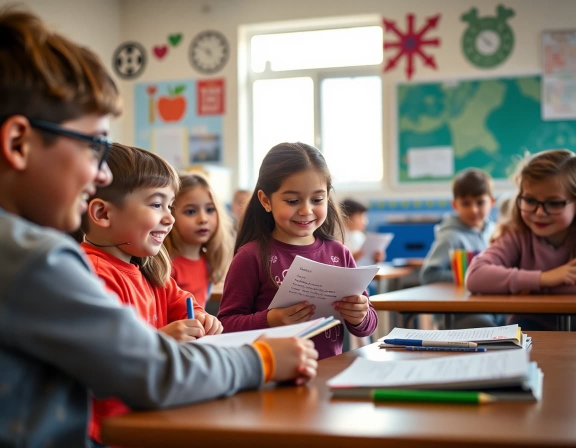 Elementary students excitedly looking at writing prompts and story starters on first day of school