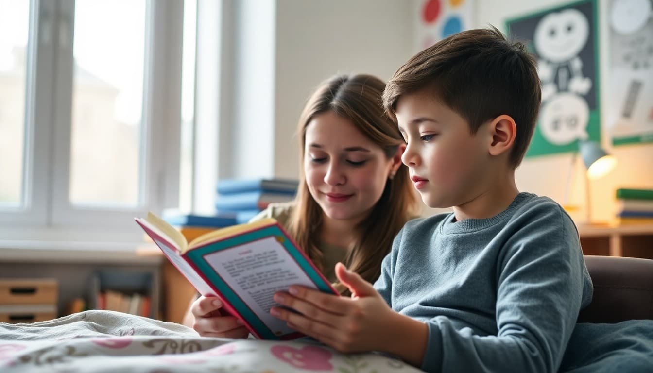 Parent reading a story aloud to an elementary student at bedtime as creative writing support