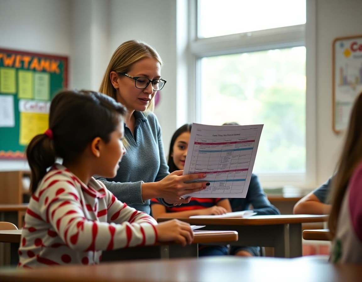 Elementary teacher reviewing creative writing assessment rubric with students before test day