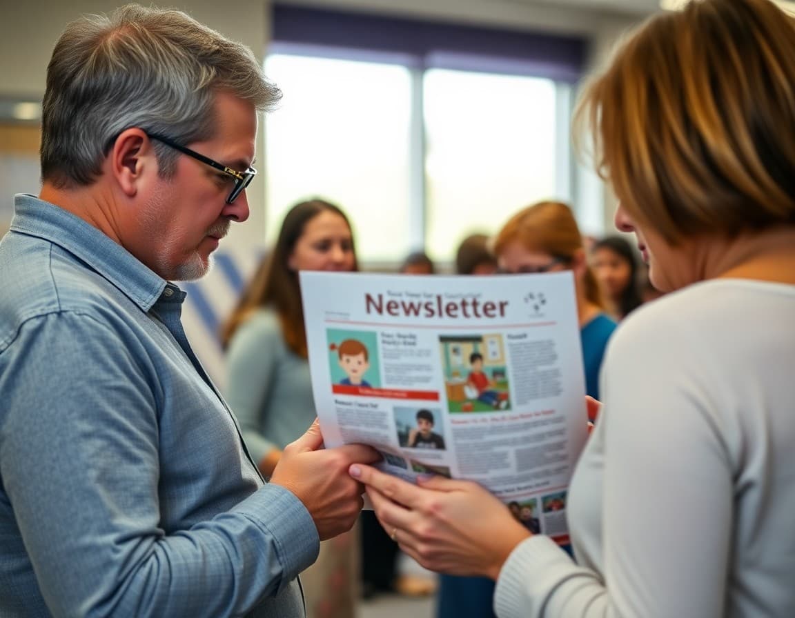 Parents reading an elementary school newsletter at a Connecticut school community event