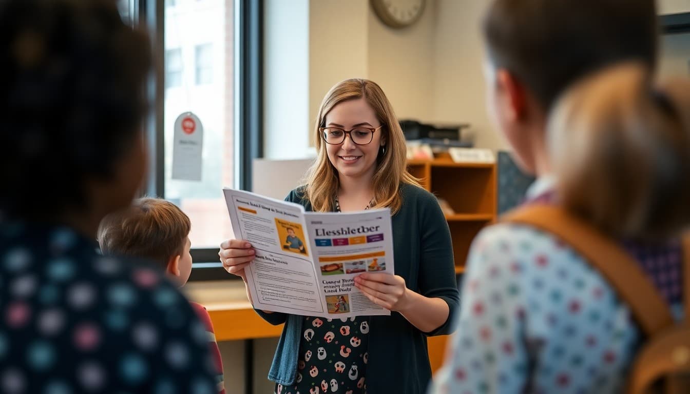 Connecticut elementary school teacher showing a newsletter to parents at a school open house