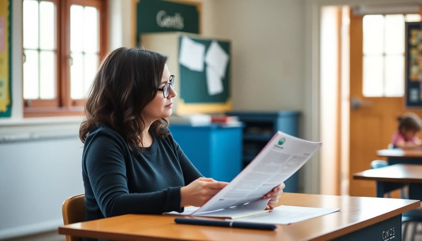 Connecticut elementary school teacher reviewing newsletter at desk in traditional New England school building
