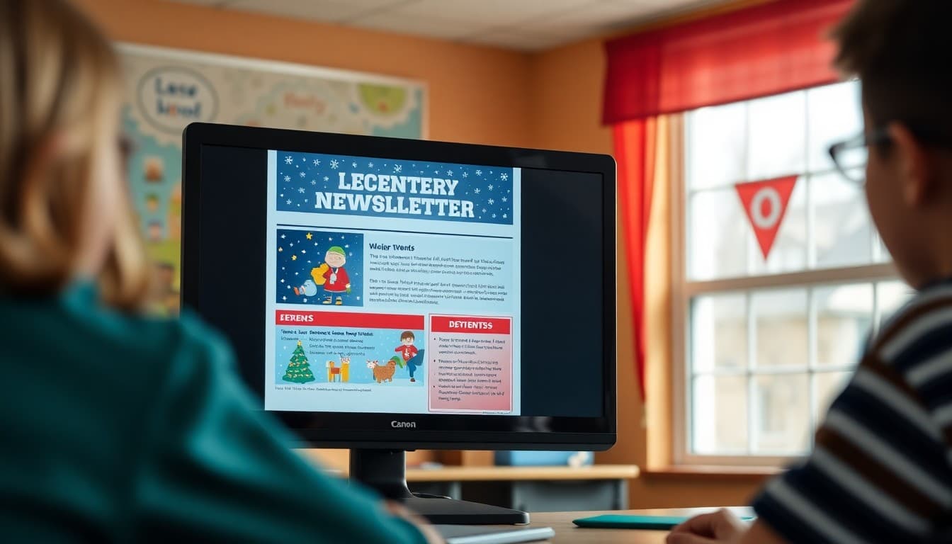 December elementary school newsletter template on a screen with winter holiday theme and class events