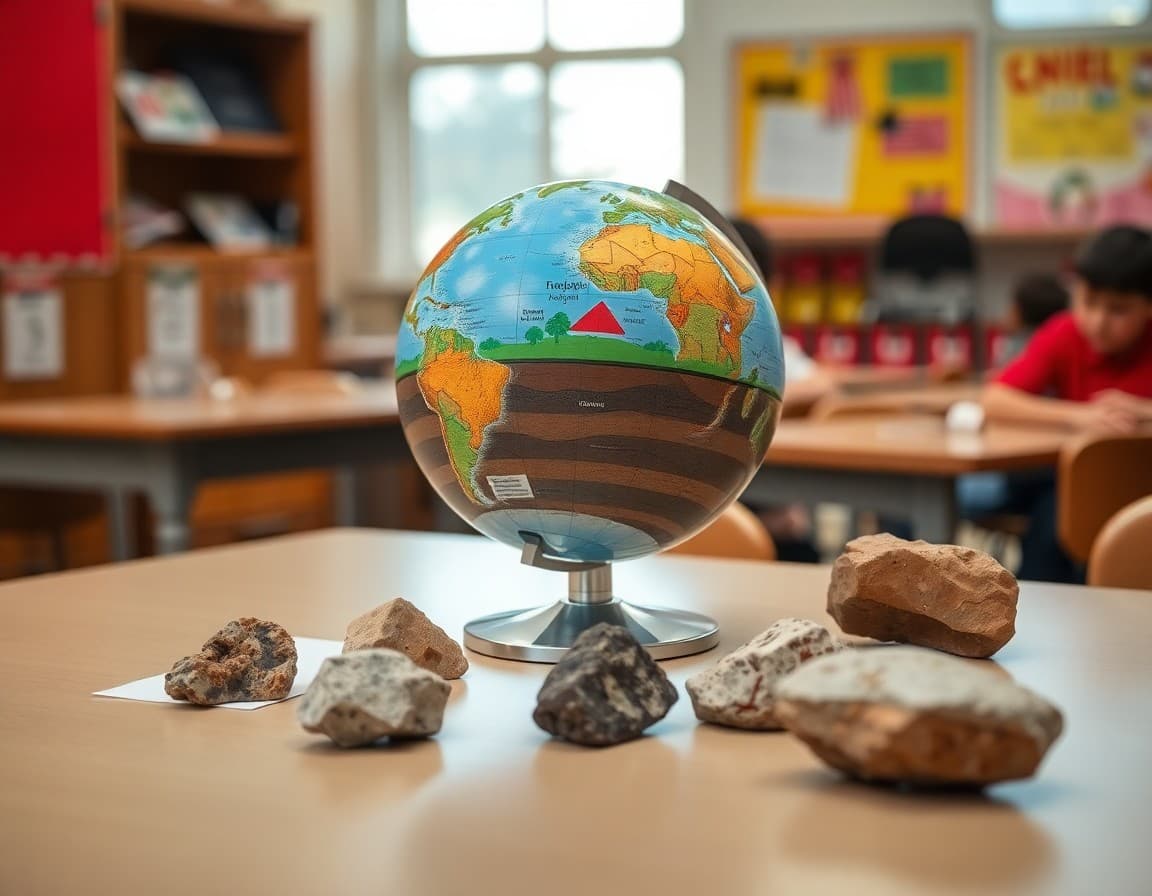 Globe, soil layers diagram, and rock samples on an elementary school science desk