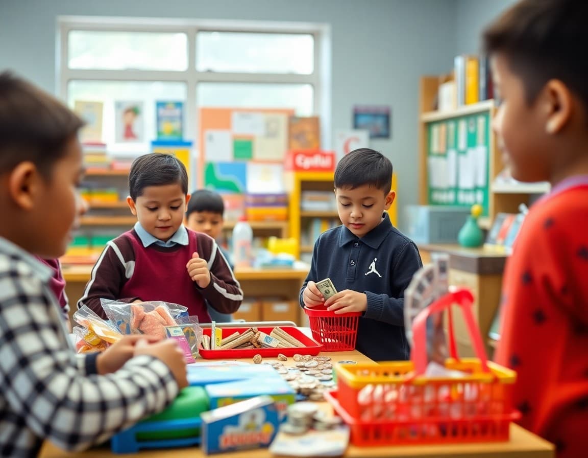 Colorful classroom store with goods and play money used for elementary economics learning