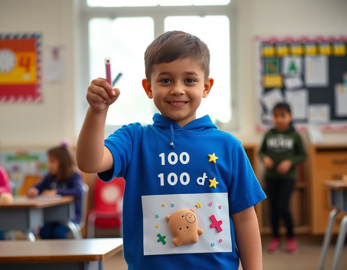 Kindergarten student displaying collection of 100 objects for 100th day celebration