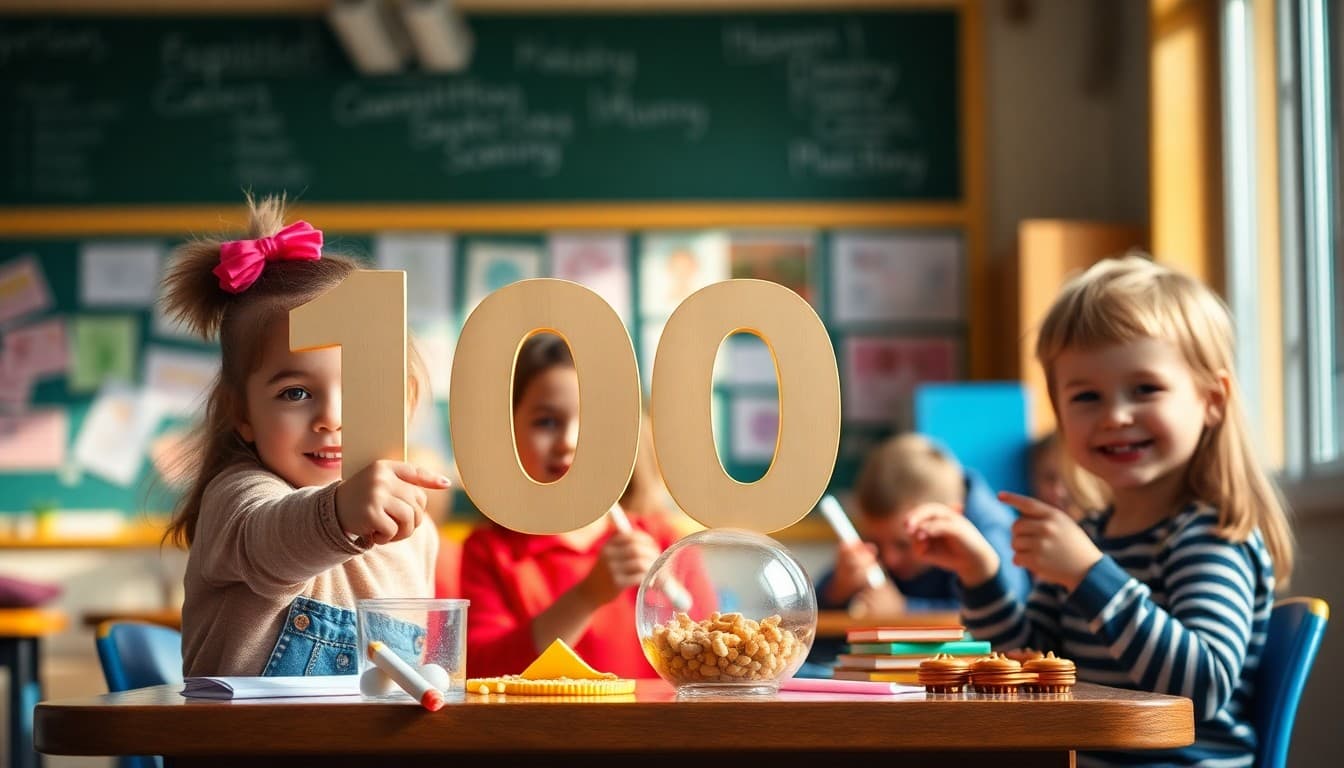 Elementary students celebrating 100th day of school with 100 objects and activities