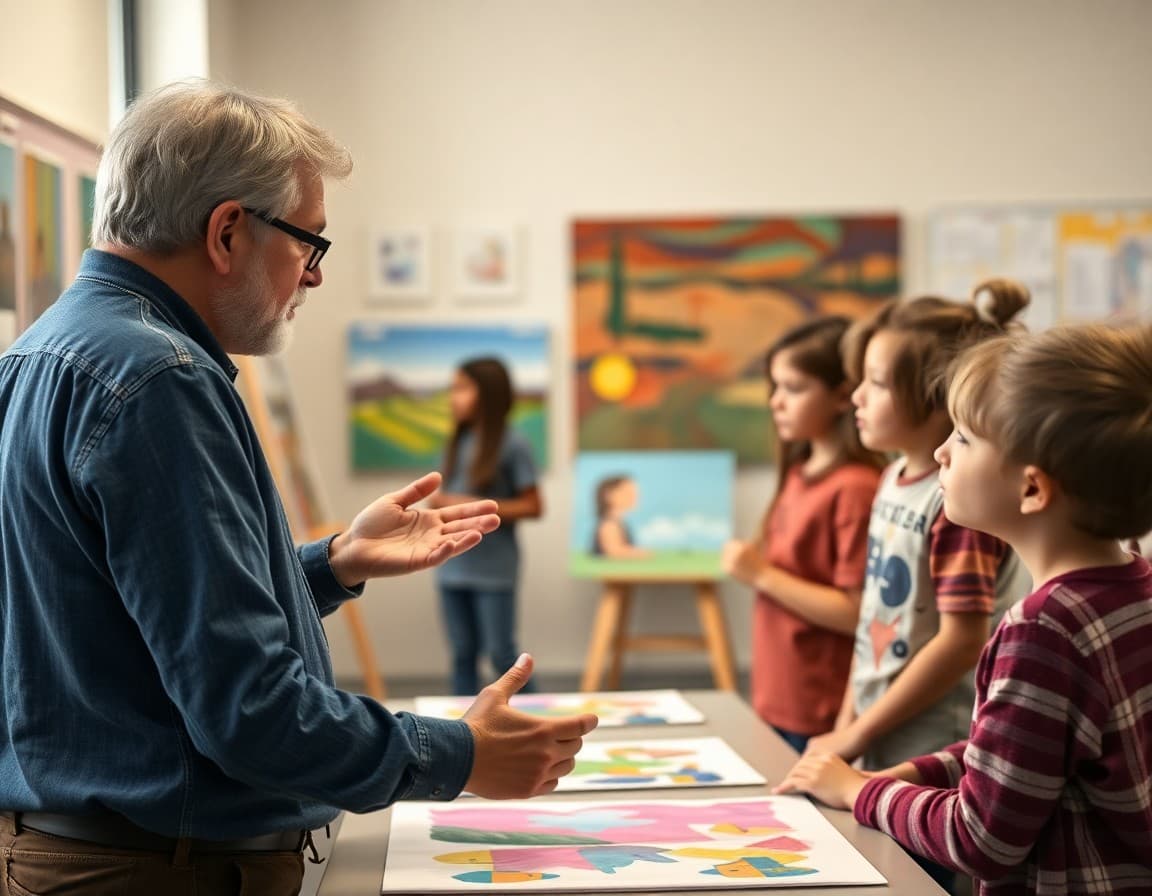 Art teacher reviewing student paintings with elementary class before gallery show