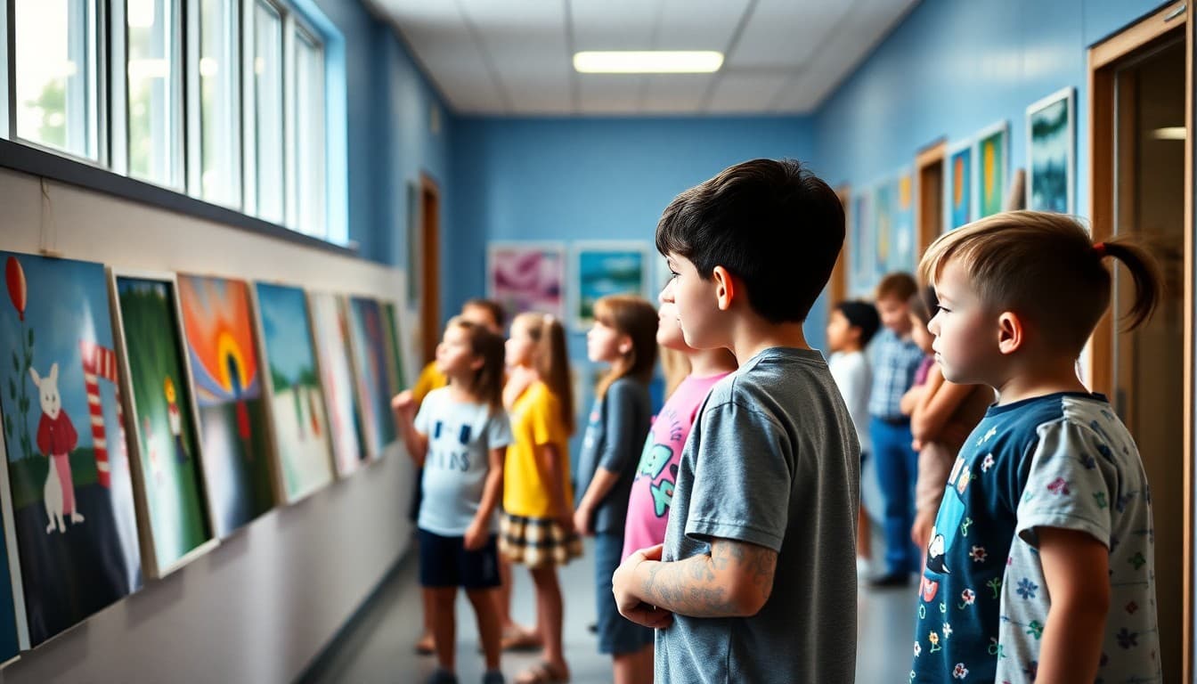 Elementary students displaying their artwork at school art show in hallway gallery