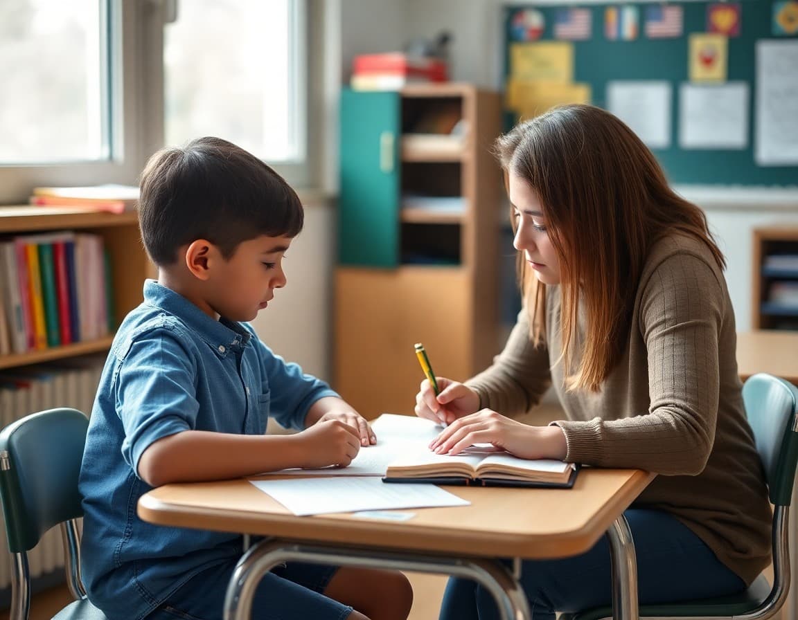 Elementary student completing reading assessment one-on-one with teacher at small table