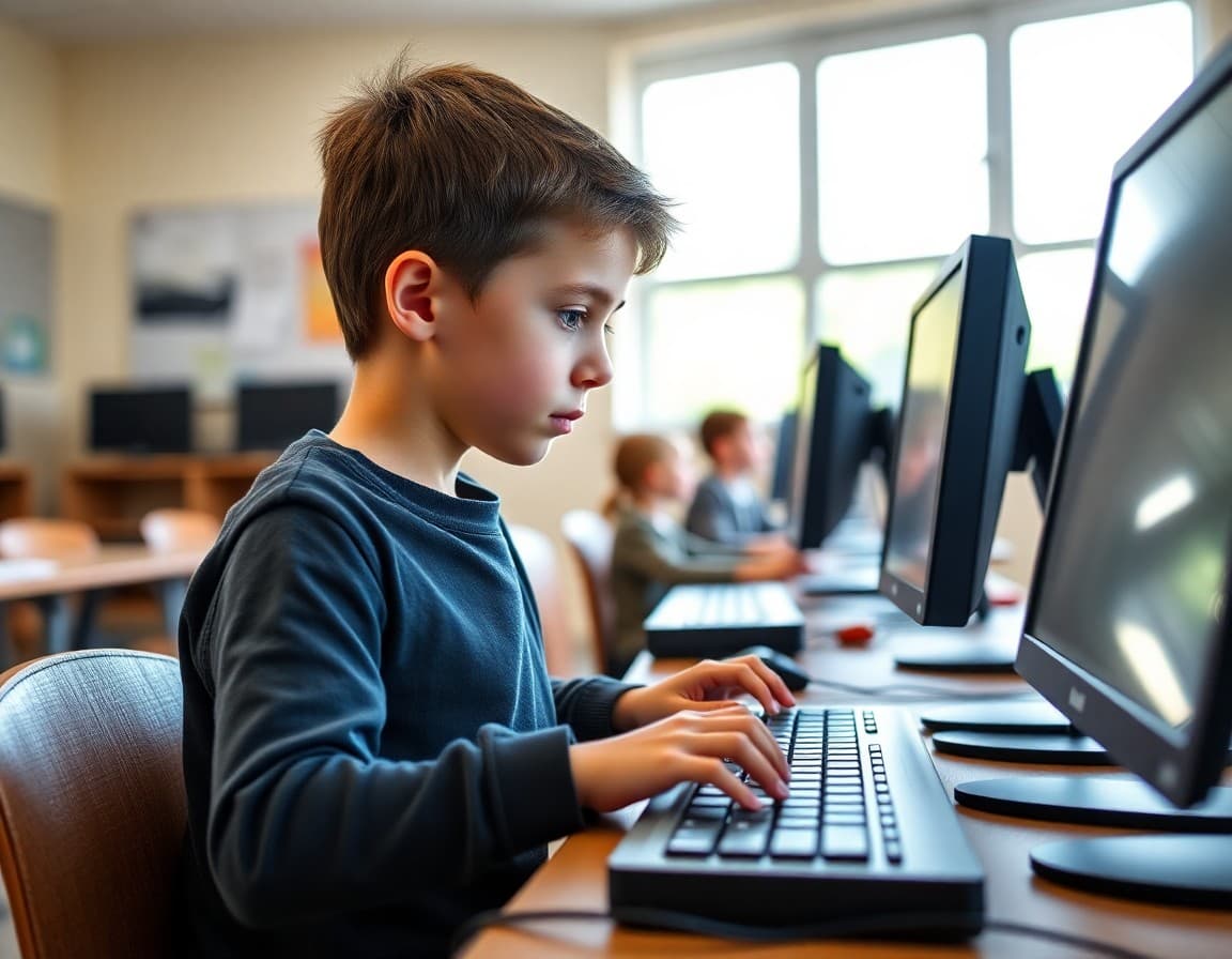 Third grade student typing on keyboard in computer lab during technology class