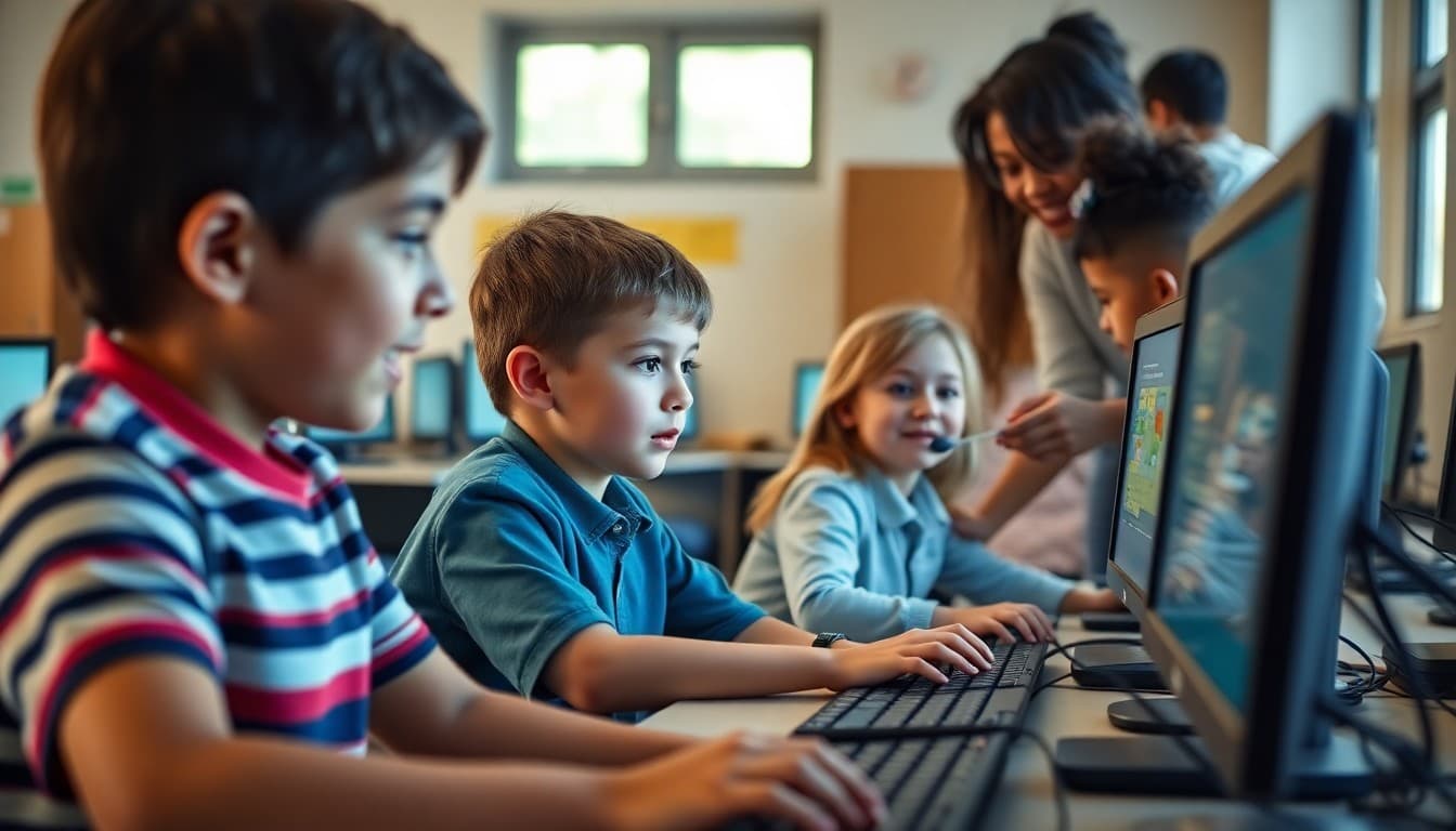 Elementary students learning on computers in school computer lab with teacher guiding