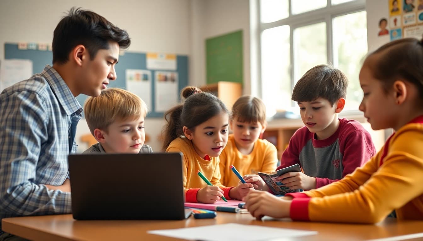 Elementary students working in learning center small groups with specialist teacher