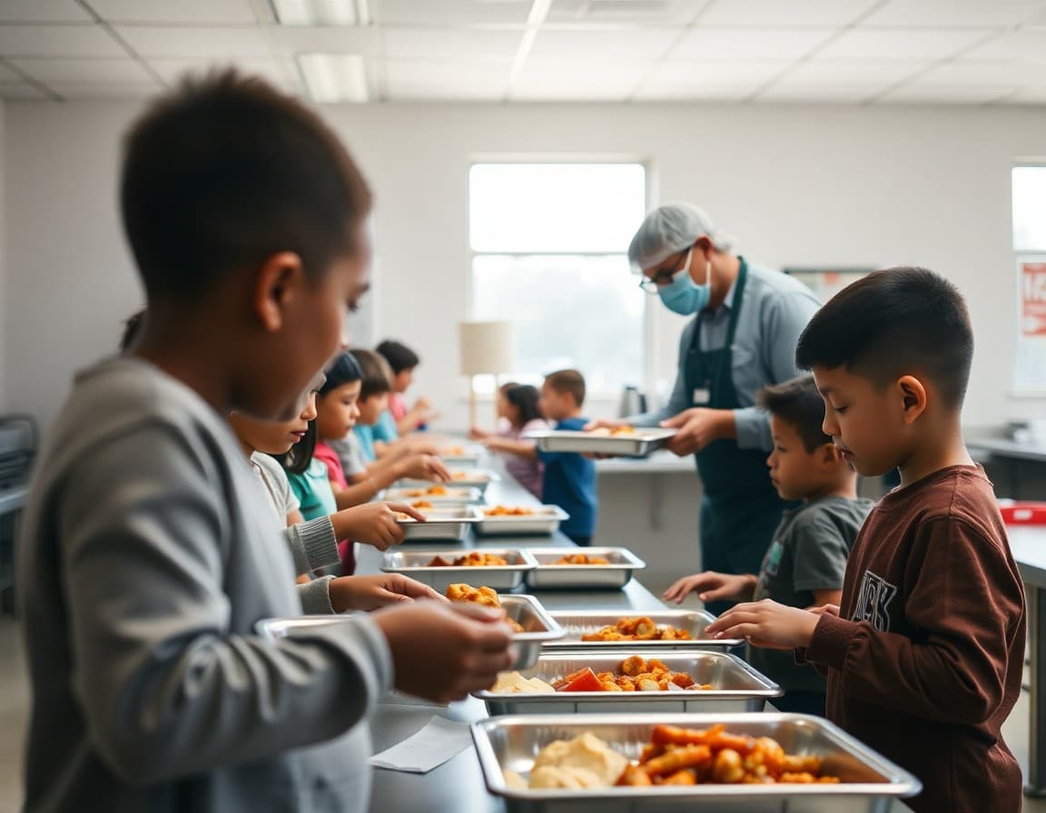 Cafeteria staff serving elementary students warm lunch on trays in school lunchroom