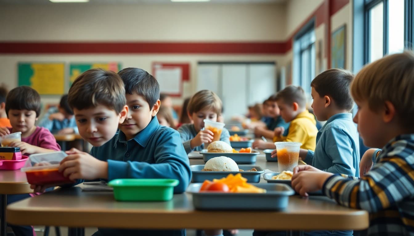 Elementary students eating lunch in school cafeteria with trays and lunch boxes