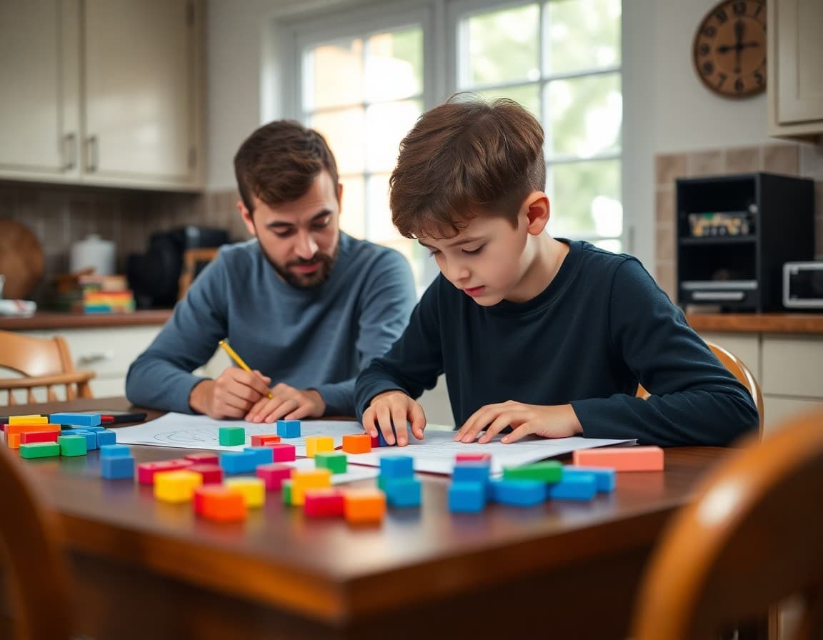 Parent and child working on math homework together at kitchen table with blocks