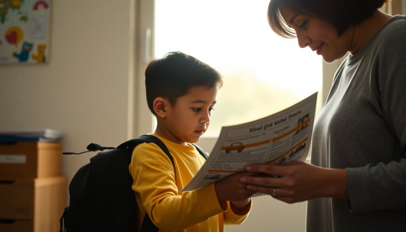 Child arriving home from school with parent reviewing after school routine from newsletter