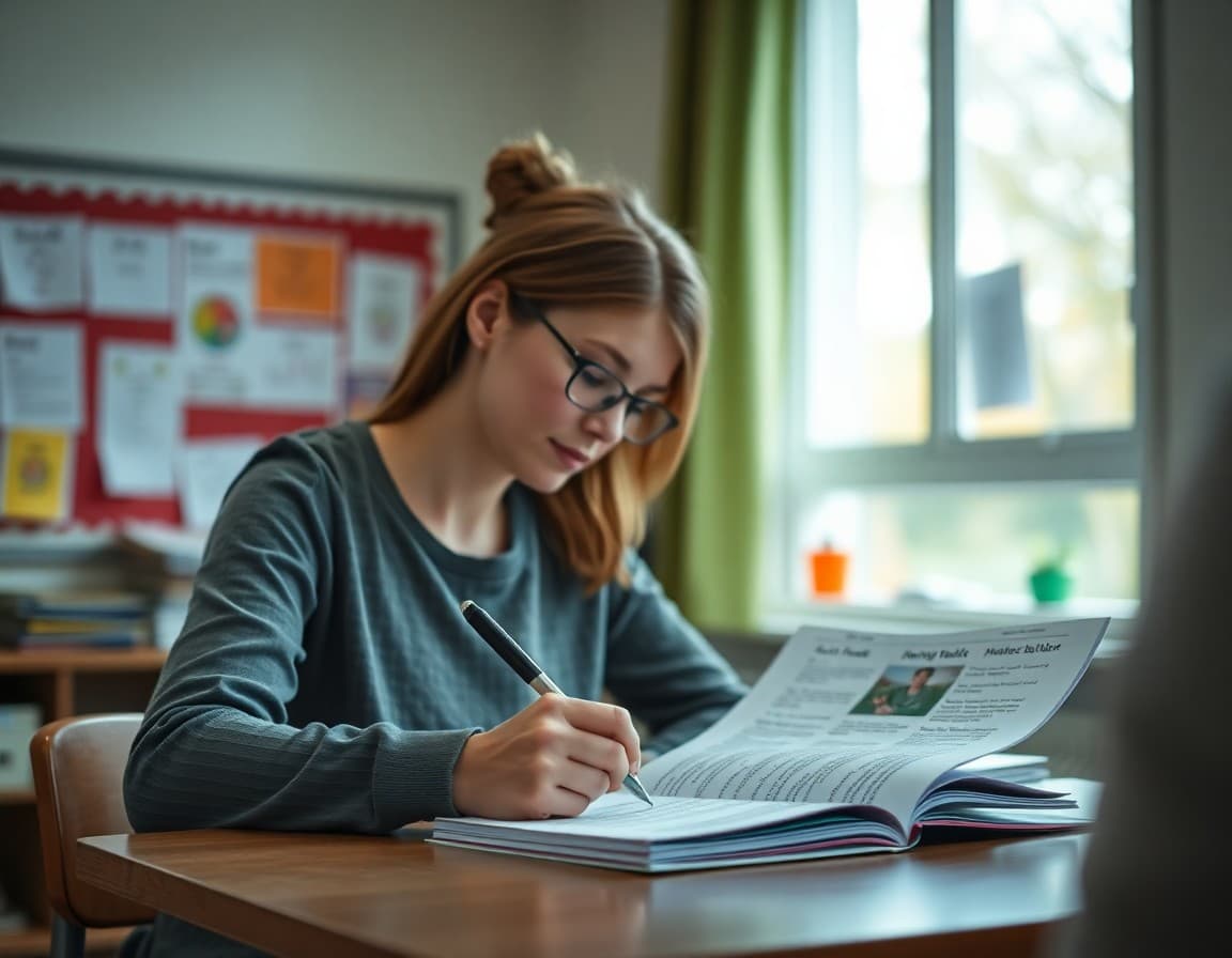 Elementary teacher writing mental health newsletter with SEL and wellness resources visible
