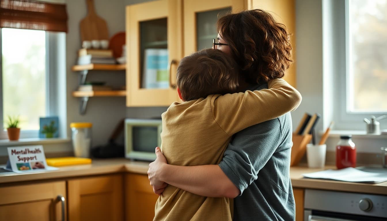 Parent hugging child at home with mental health support newsletter visible on kitchen counter