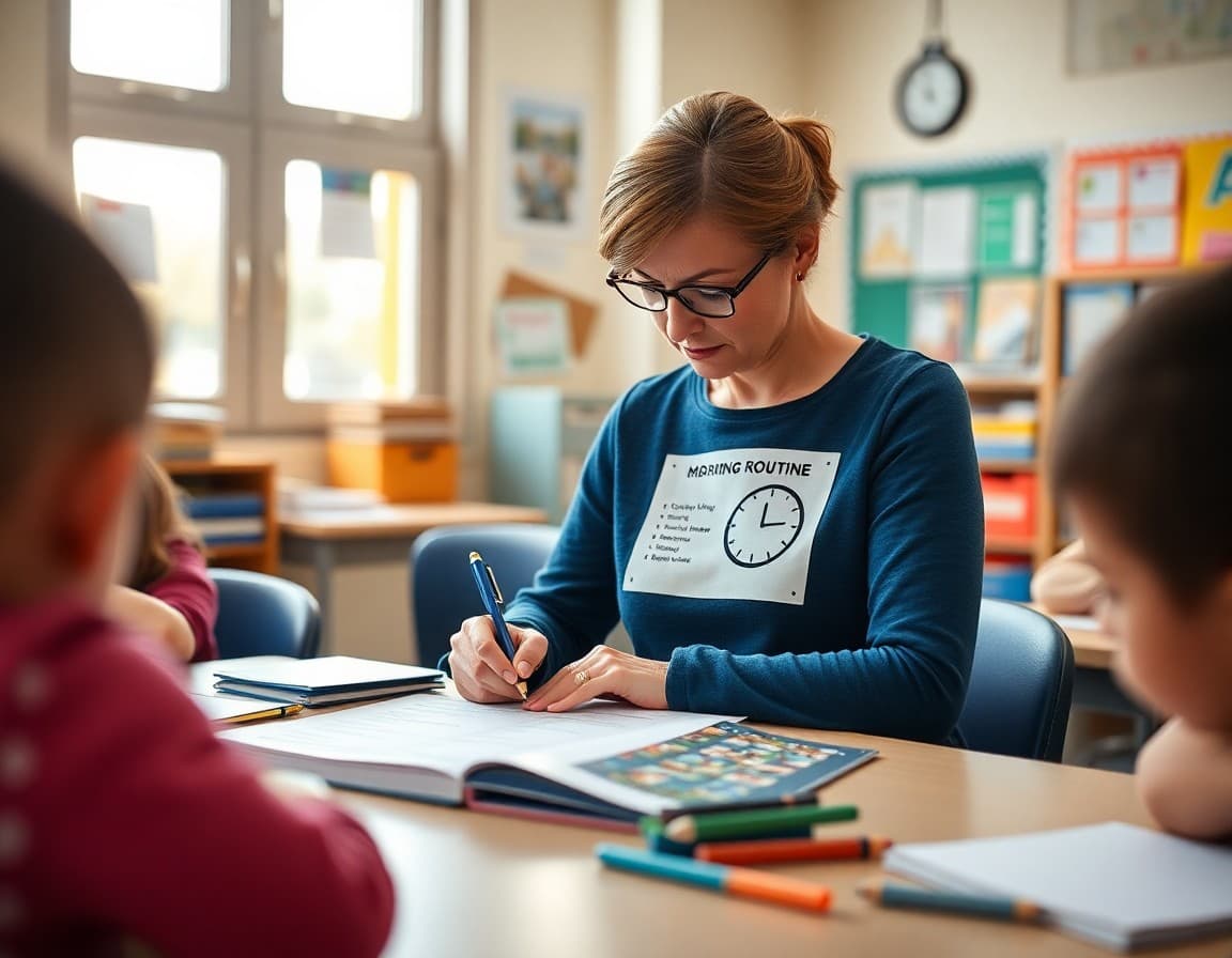 Elementary teacher writing morning routine newsletter with checklist and clock graphic