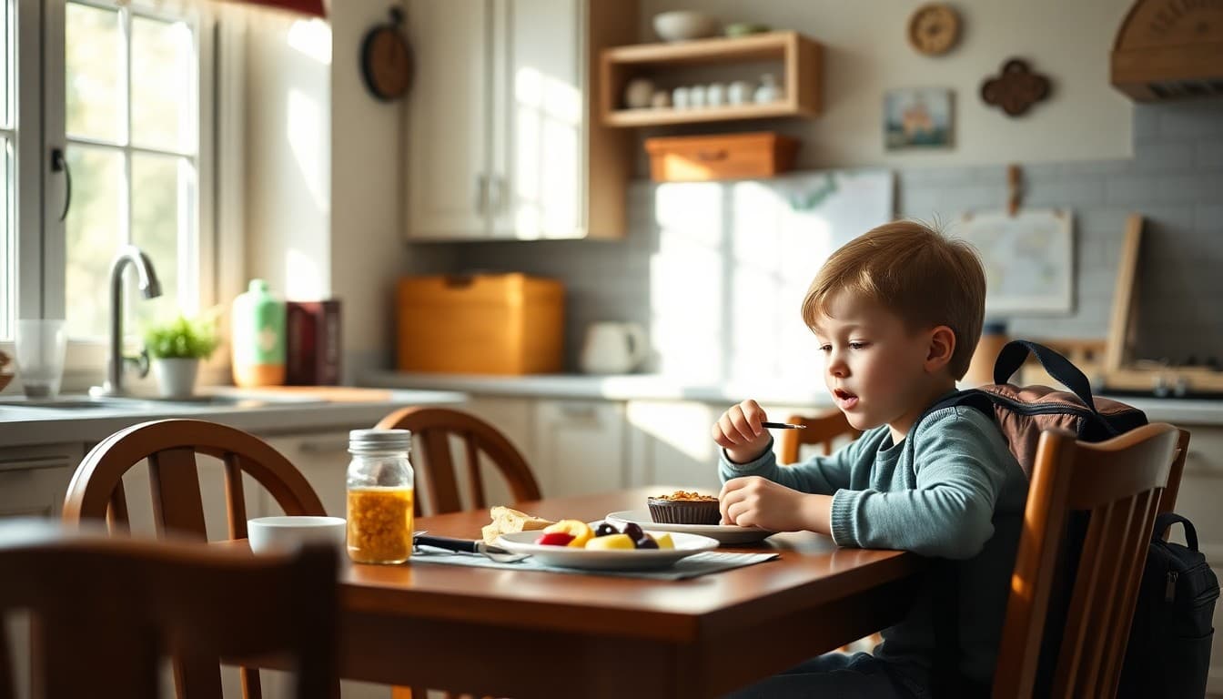Child eating breakfast at kitchen table with school backpack ready and family morning routine chart visible