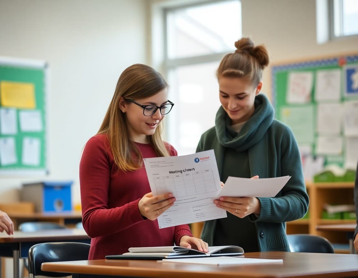 Elementary teacher preparing conference preparation newsletter with meeting schedule