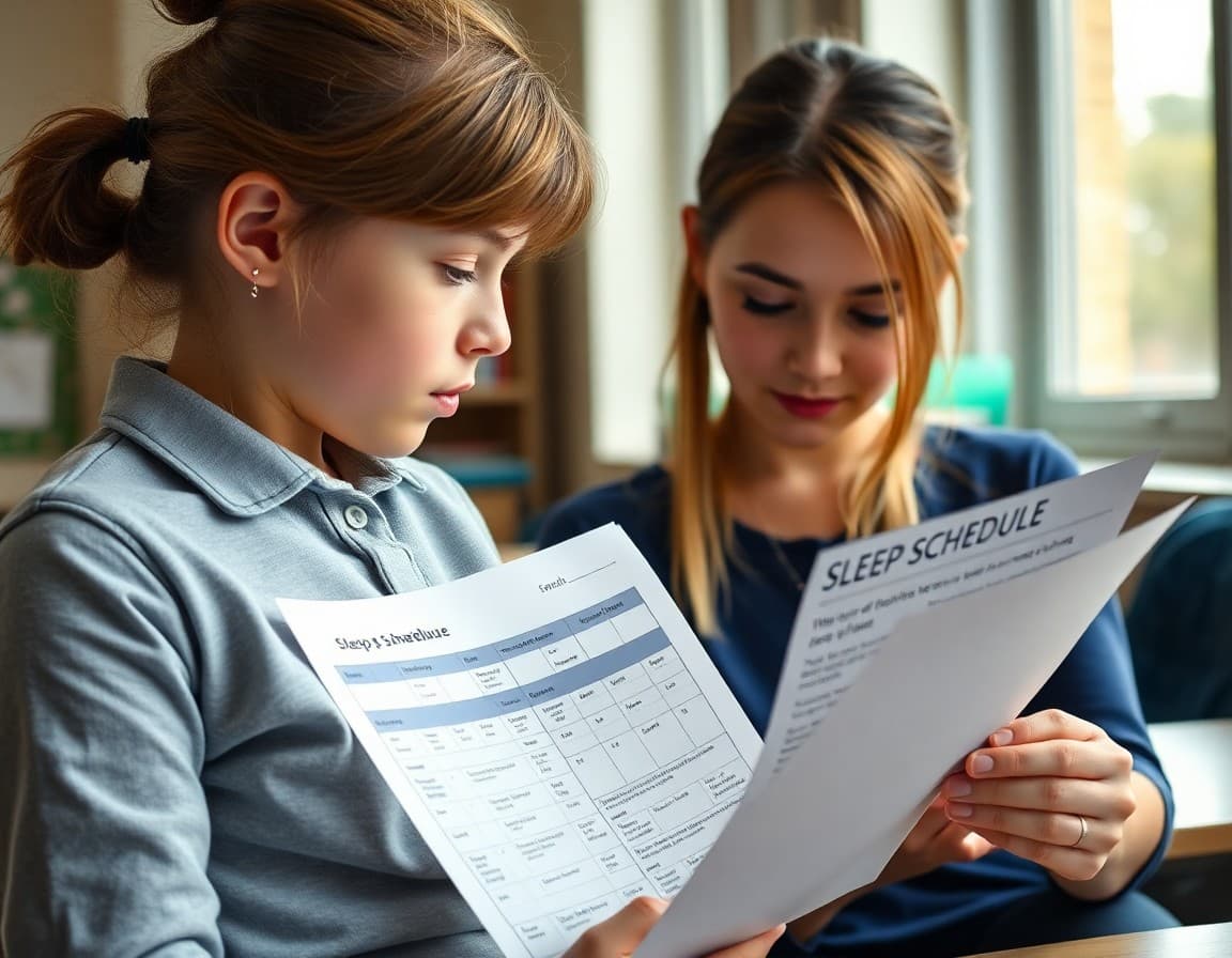 Elementary teacher reviewing sleep schedule newsletter with sleep research guidelines visible