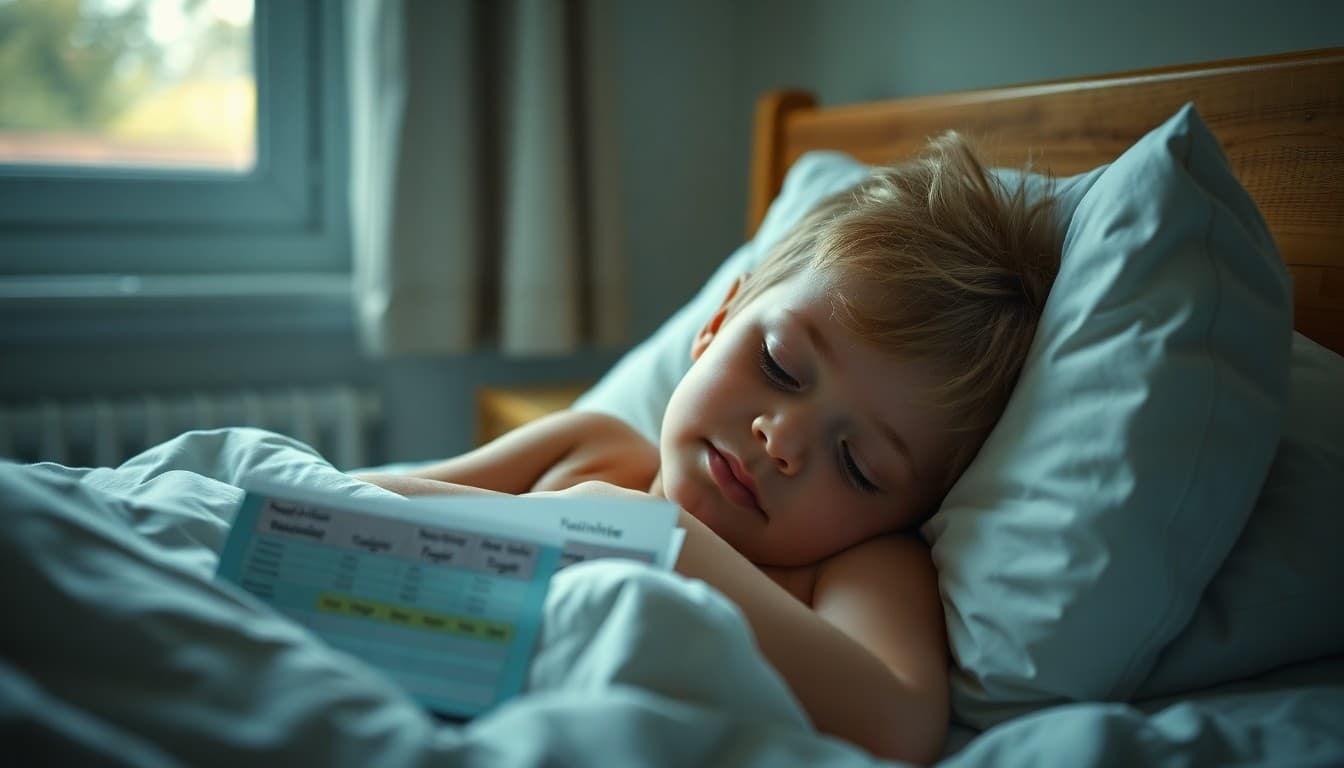Child sleeping peacefully in bed with school night routine chart visible from parent newsletter