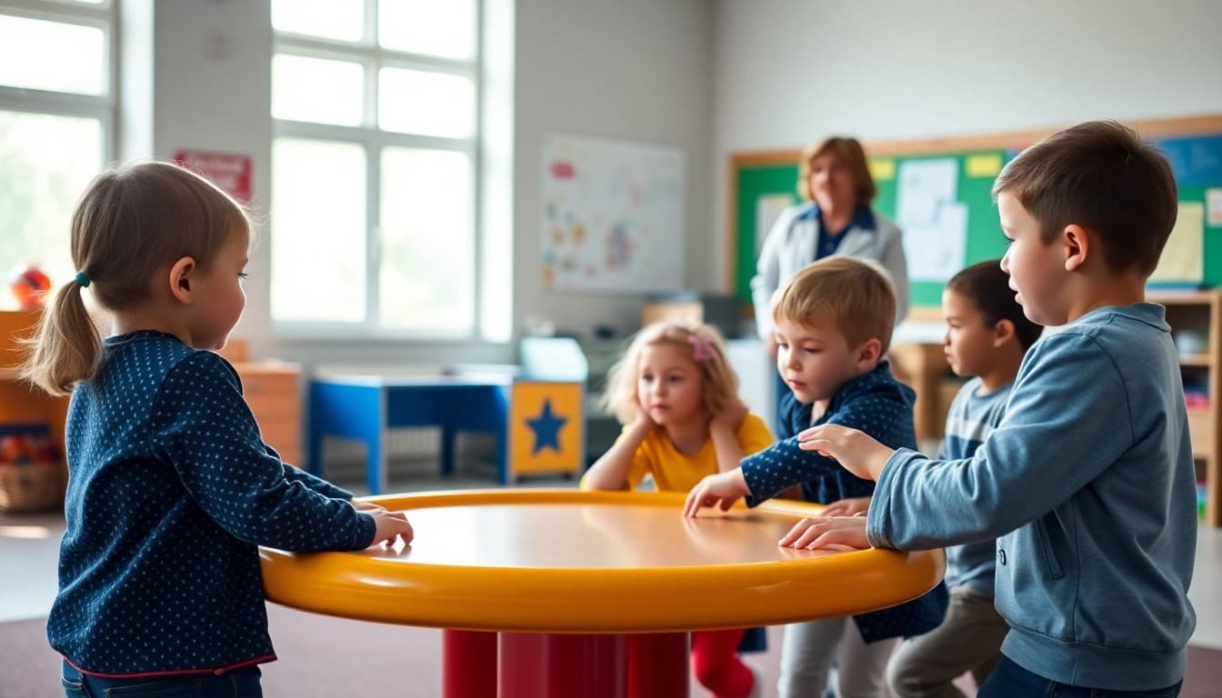 Children playing cooperatively at recess with teacher and parent observing in background