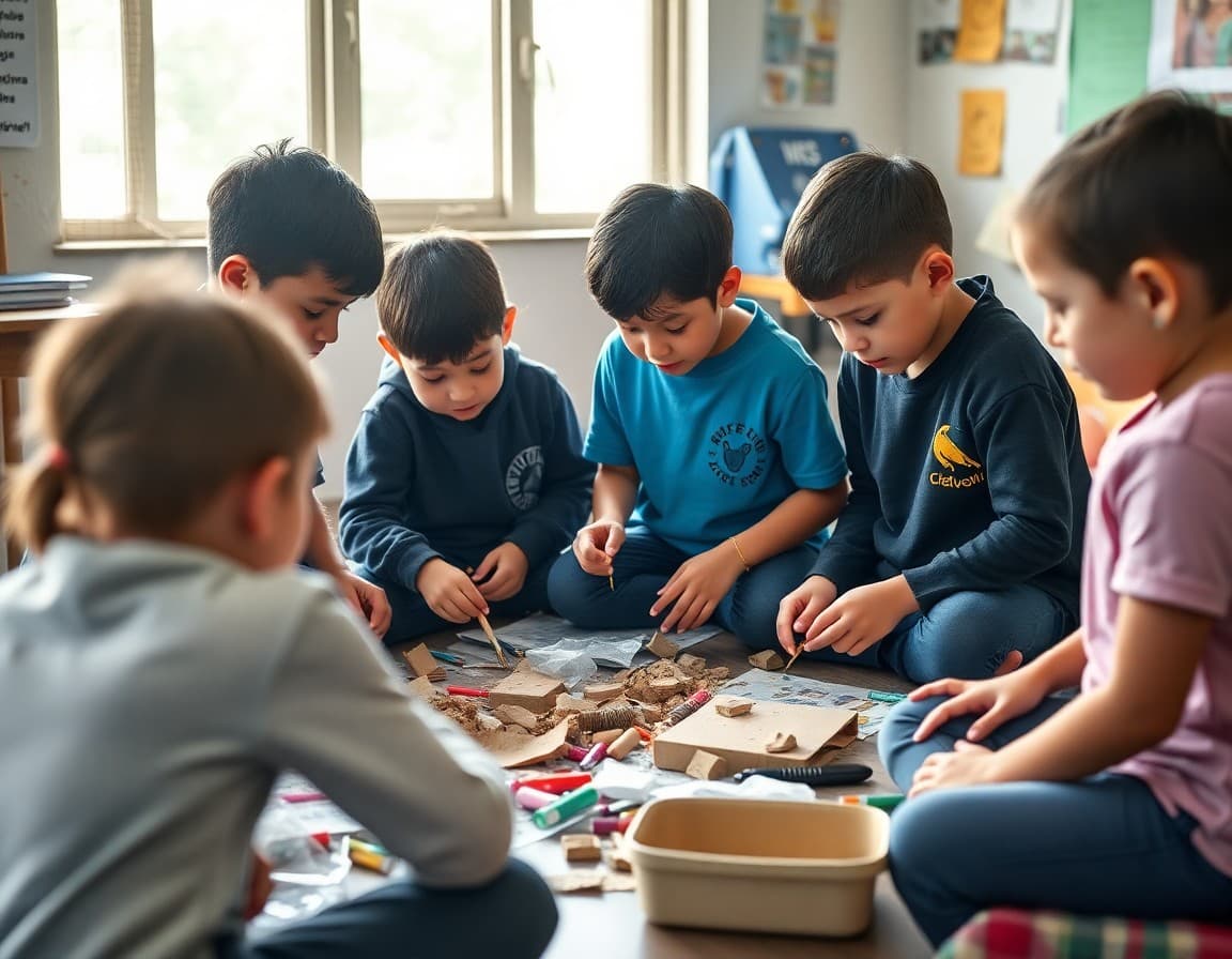 Small group of elementary students working on community project with materials spread out