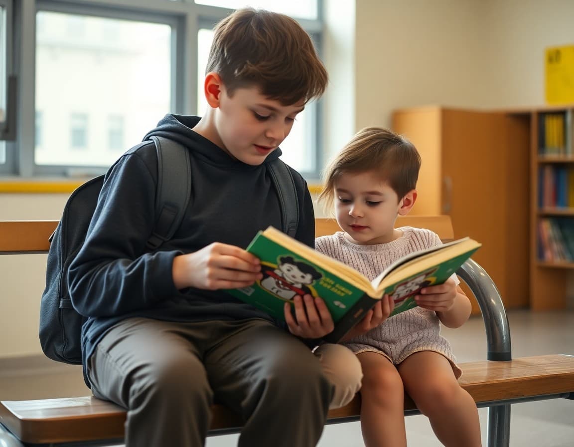 Fifth grade student and first grade reading buddy discussing book together on bench