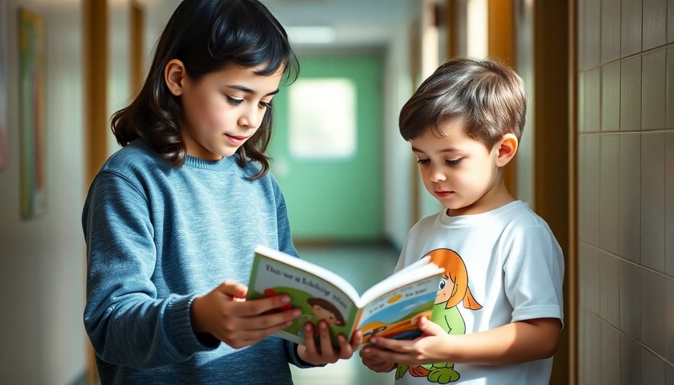 Older elementary student reading picture book to younger reading buddy in hallway