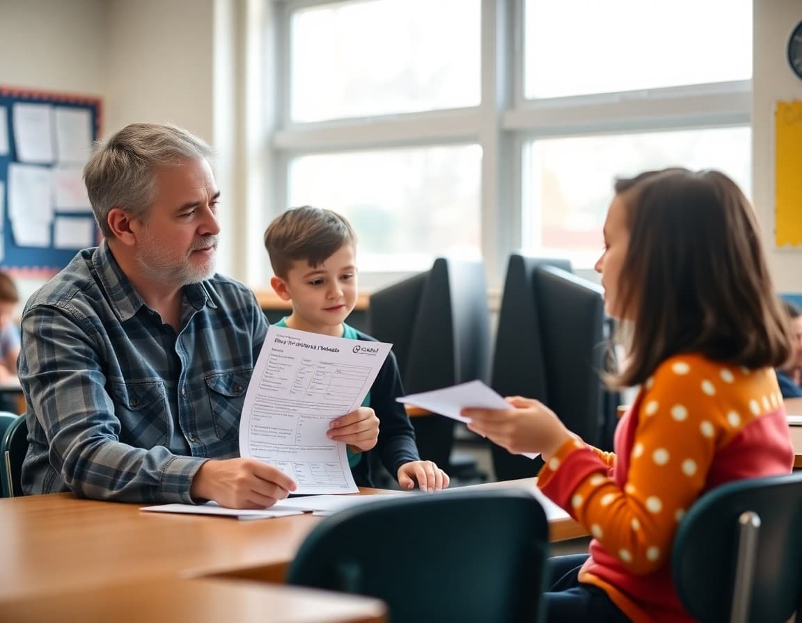 Parent reviewing elementary school standards report card with teacher at conference