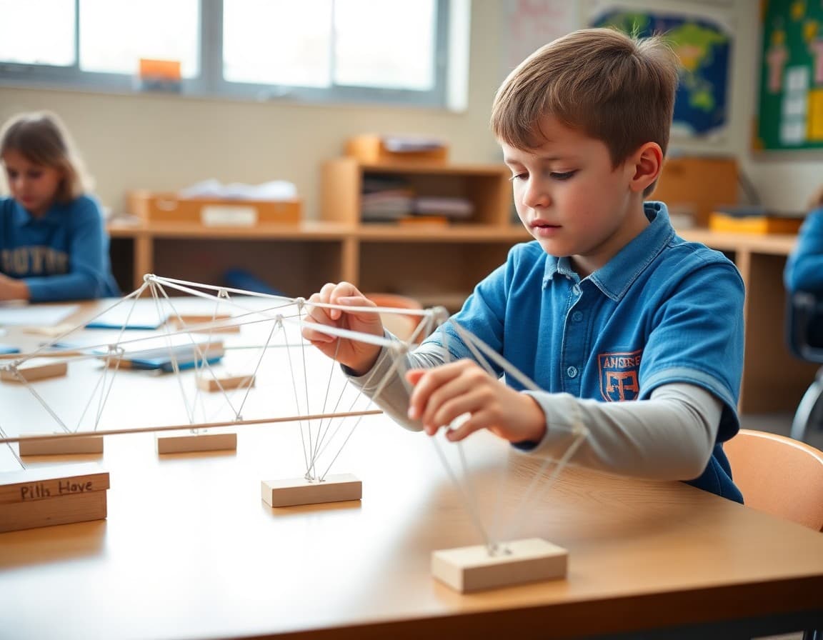Fourth grade student testing bridge structure for STEM engineering challenge at school