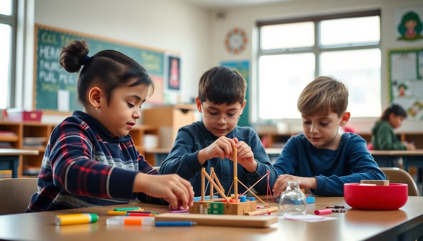 Elementary students doing STEM building challenge with craft materials in classroom