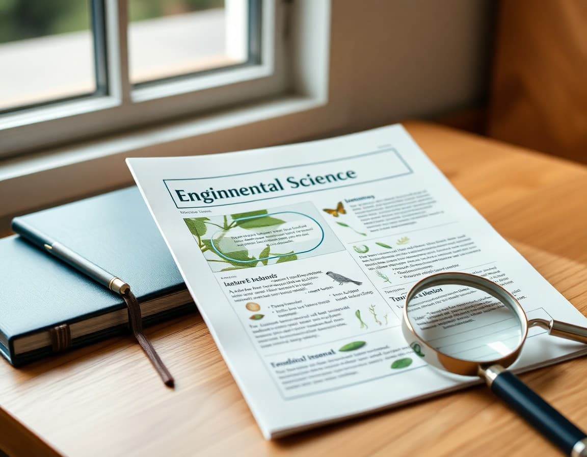 Beginning of year environmental science newsletter beside a nature journal and magnifying glass