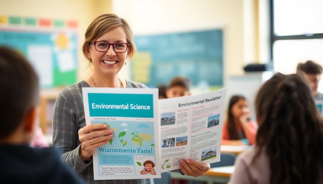 Elementary teacher smiling with beginning of year environmental science newsletter in a bright classroom