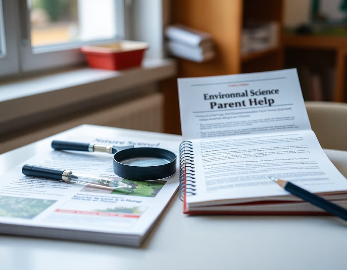 Environmental science parent help newsletter beside a magnifying glass and nature journal on a table