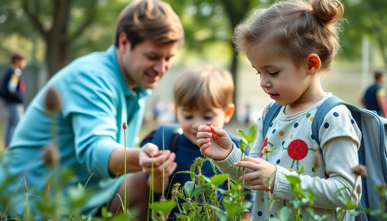 Parent and young child exploring a park together looking at insects and plants with curiosity