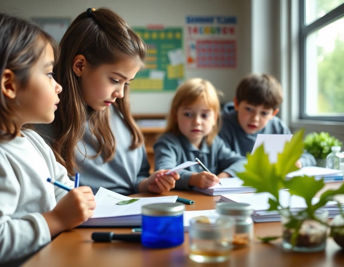 Environmental science test prep newsletter for elementary beside science journals and leaf samples
