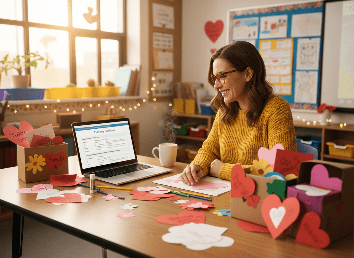 Elementary teacher preparing February newsletter with student Valentine's Day crafts on classroom table