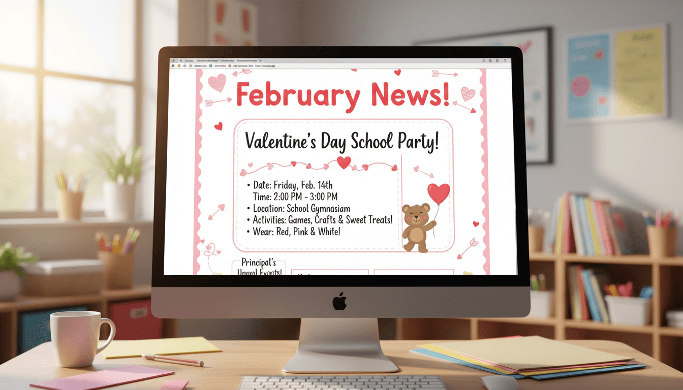 Elementary school February newsletter template with Valentine's Day school party section visible on screen
